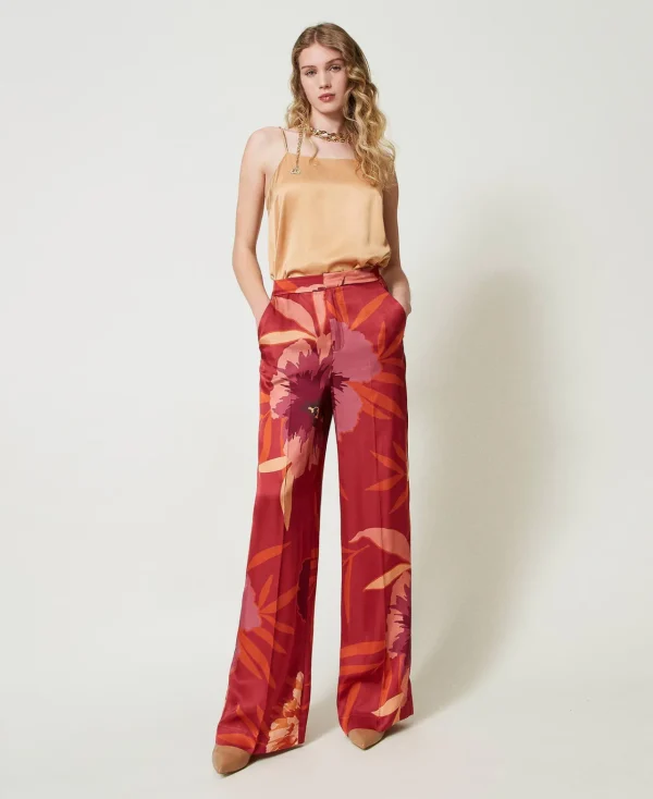 pantalon_ample_en_satin_f_4.webp Pantalons Larges Et Palazzo*TWINSET Milano Pantalon Ample En Satin Floral Grandes Fleurs Rouge/Red Plum