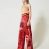 pantalon_ample_en_satin_f_5.webp Pantalons Larges Et Palazzo*TWINSET Milano Pantalon Ample En Satin Floral Grandes Fleurs Rouge/Red Plum