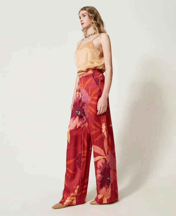 pantalon_ample_en_satin_f_5.webp Pantalons Larges Et Palazzo*TWINSET Milano Pantalon Ample En Satin Floral Grandes Fleurs Rouge/Red Plum