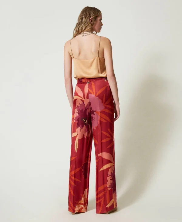 pantalon_ample_en_satin_f_6.webp Pantalons Larges Et Palazzo*TWINSET Milano Pantalon Ample En Satin Floral Grandes Fleurs Rouge/Red Plum