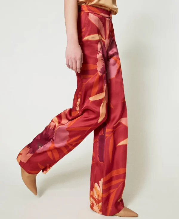pantalon_ample_en_satin_f_7.webp Pantalons Larges Et Palazzo*TWINSET Milano Pantalon Ample En Satin Floral Grandes Fleurs Rouge/Red Plum