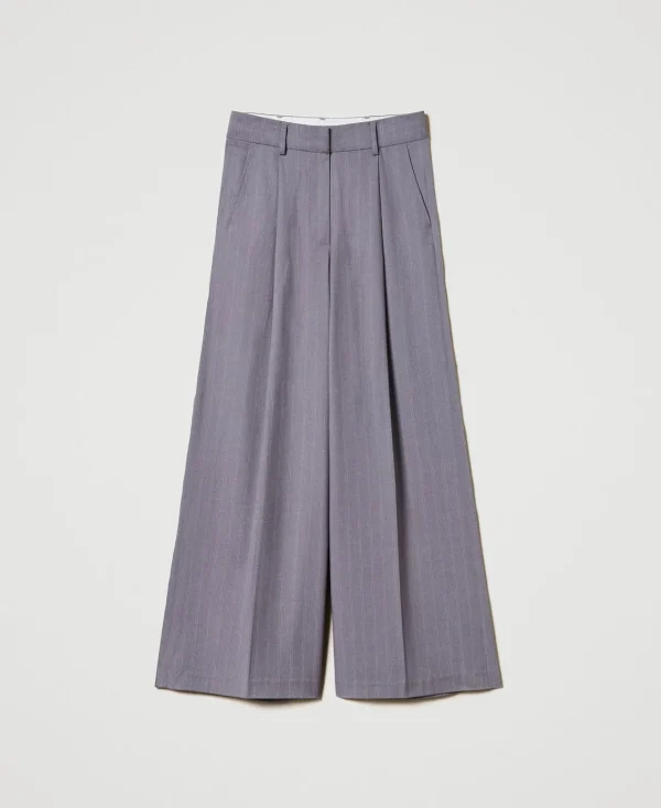 Pantalons Élégants | Pantalons Larges Et Palazzo*TWINSET Milano Pantalon Ample Rayé Avec Revers Gris Chiné Rayure Neige