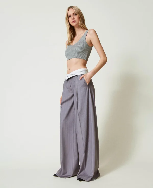 Pantalons Élégants | Pantalons Larges Et Palazzo*TWINSET Milano Pantalon Ample Rayé Avec Revers Gris Chiné Rayure Neige