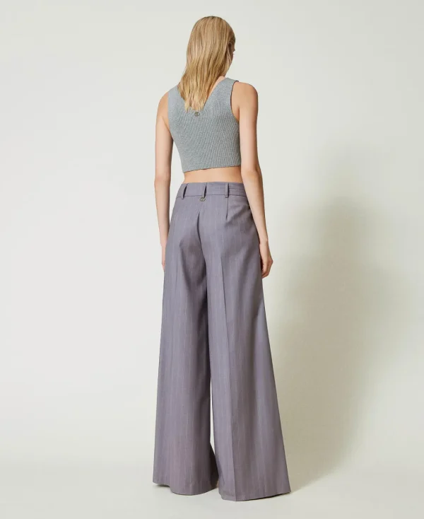 Pantalons Élégants | Pantalons Larges Et Palazzo*TWINSET Milano Pantalon Ample Rayé Avec Revers Gris Chiné Rayure Neige