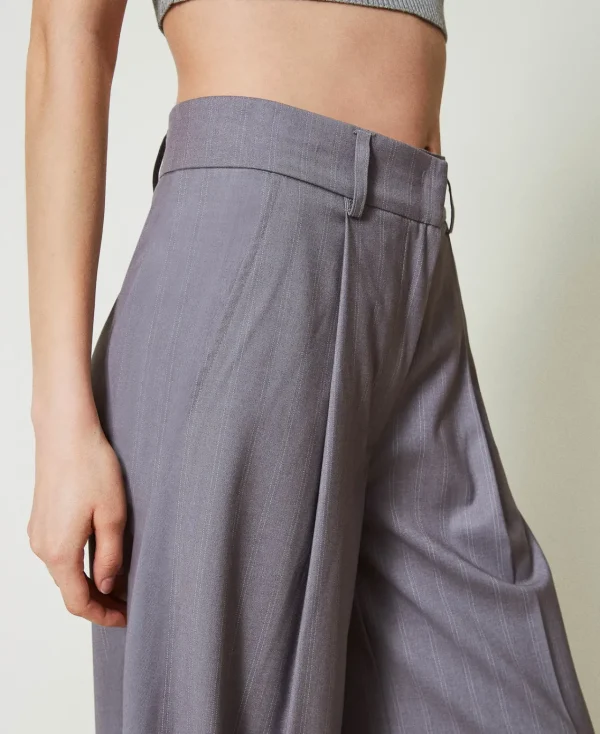 Pantalons Élégants | Pantalons Larges Et Palazzo*TWINSET Milano Pantalon Ample Rayé Avec Revers Gris Chiné Rayure Neige
