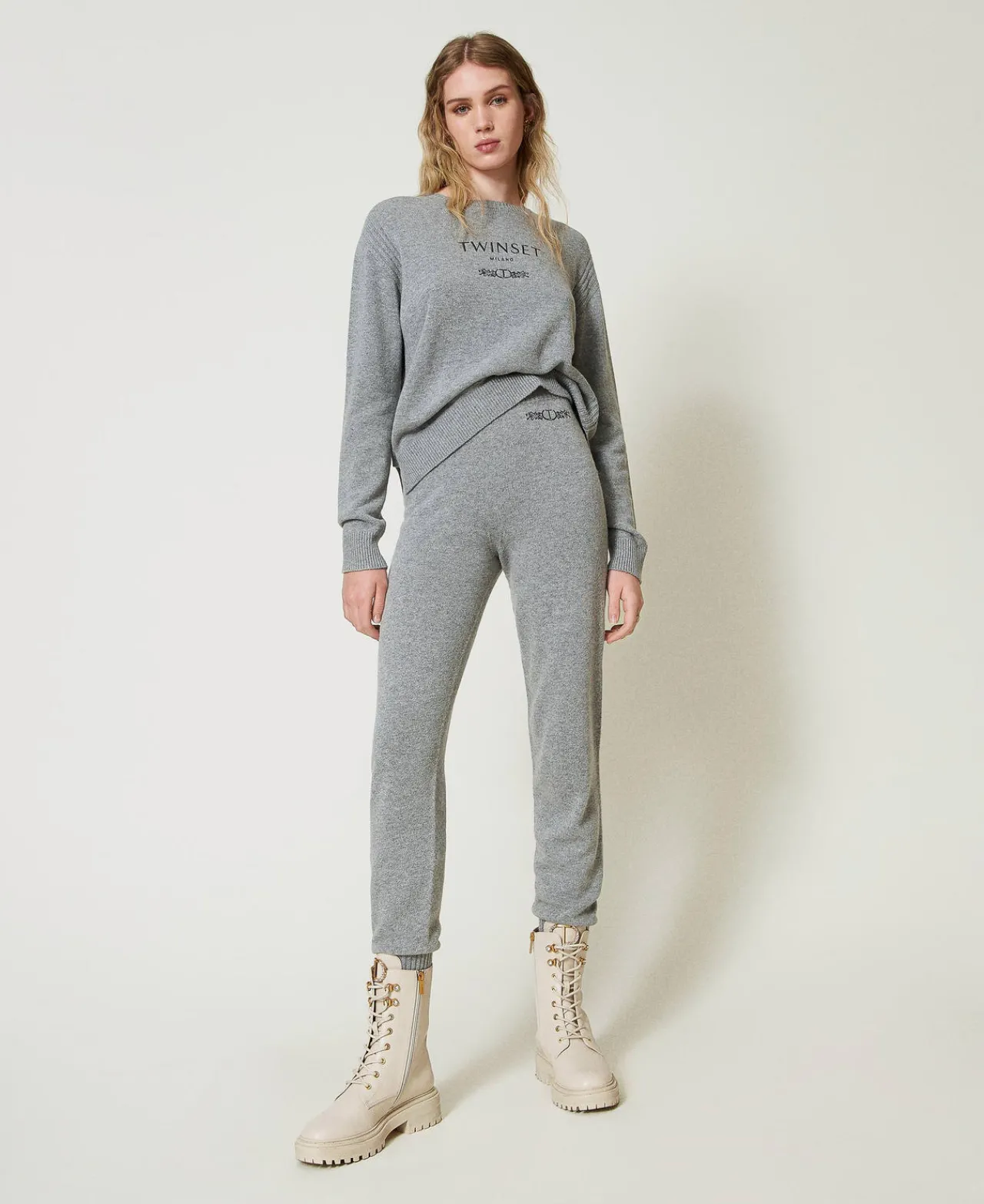 Pantalons De Jogging*TWINSET Milano Pantalon De Jogging En Maille De Laine Mélangée Avec Logo Brodé Gris Chiné Foncé
