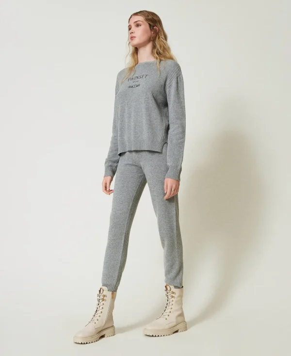 Pantalons De Jogging*TWINSET Milano Pantalon De Jogging En Maille De Laine Mélangée Avec Logo Brodé Gris Chiné Foncé