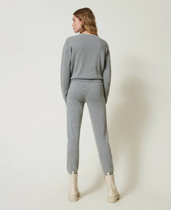 Pantalons De Jogging*TWINSET Milano Pantalon De Jogging En Maille De Laine Mélangée Avec Logo Brodé Gris Chiné Foncé