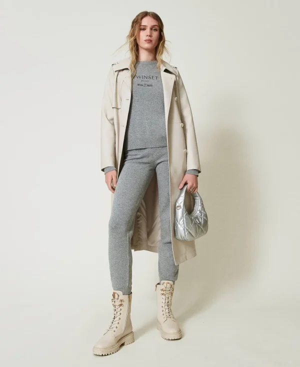 Pantalons De Jogging*TWINSET Milano Pantalon De Jogging En Maille De Laine Mélangée Avec Logo Brodé Gris Chiné Foncé