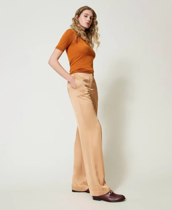 Pantalons Droits Et Cigarette | Pantalons Élégants*TWINSET Milano Pantalon Droit En Satin Orange « Bubbly »