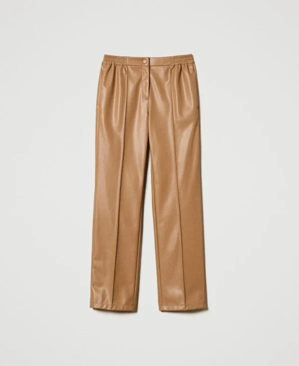 pantalon_effet_cuir_avec__1.webp Pantalons Droits Et Cigarette*TWINSET Milano Pantalon Effet Cuir Avec élastique Marron « Sandy Brown »