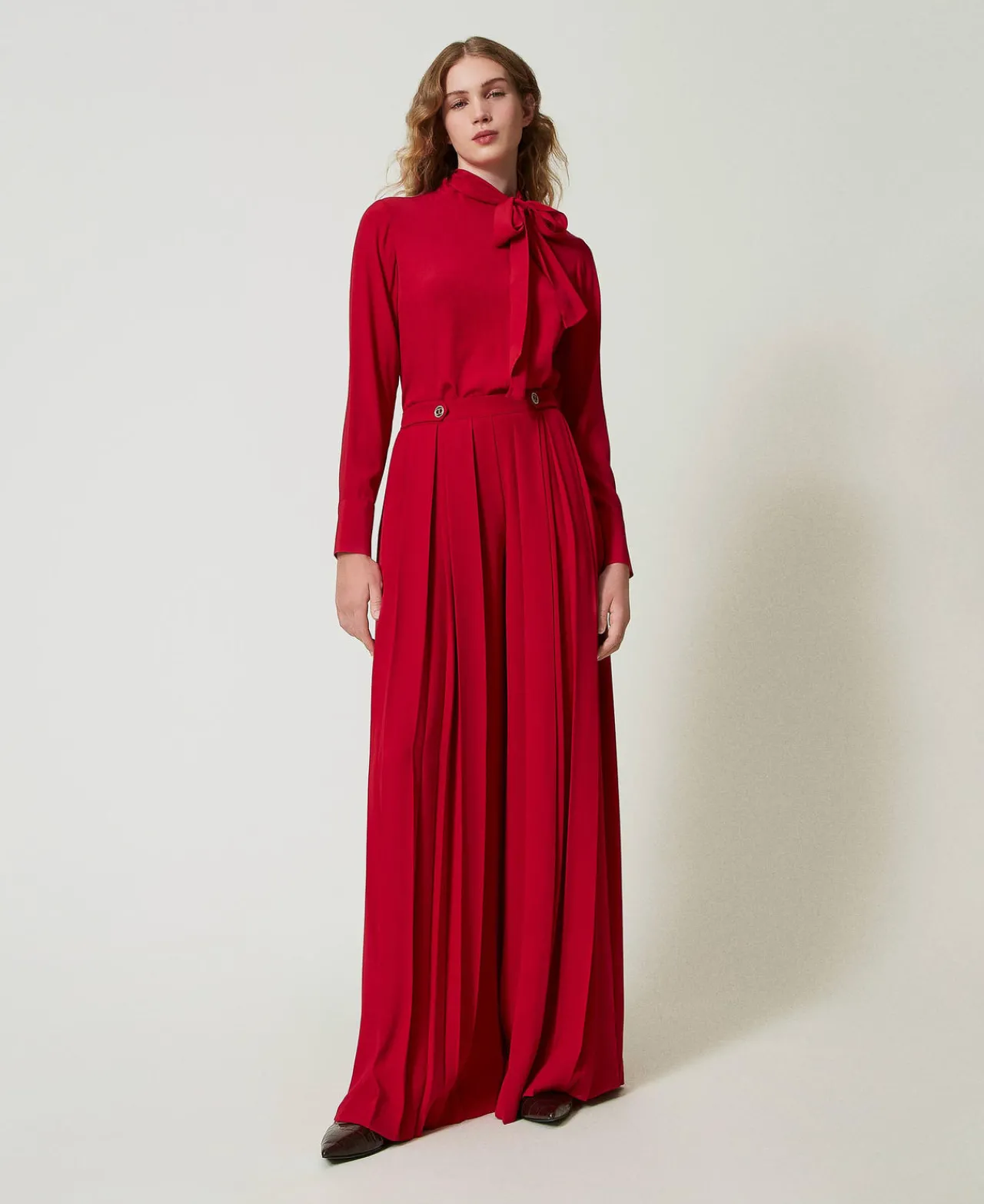 Pantalons Élégants | Pantalons Larges Et Palazzo*TWINSET Milano Pantalon En Crêpe Plissé Avec Boutons Rouge Vénitien