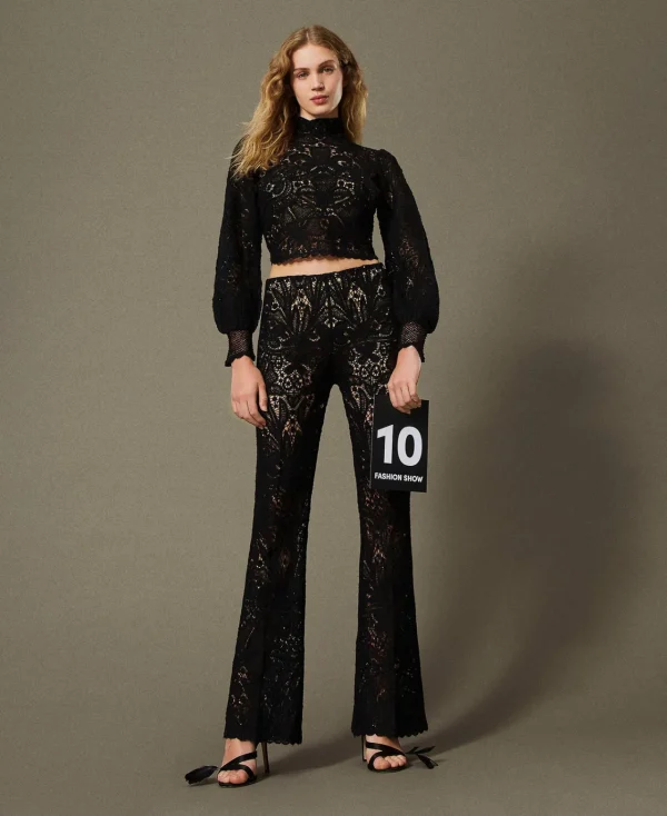 Pantalons Élégants | Pantalons Droits Et Cigarette*TWINSET Milano Pantalon En Maille Florale Au Crochet Noir