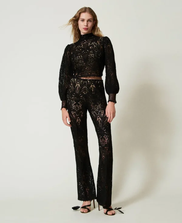 Pantalons Élégants | Pantalons Droits Et Cigarette*TWINSET Milano Pantalon En Maille Florale Au Crochet Noir