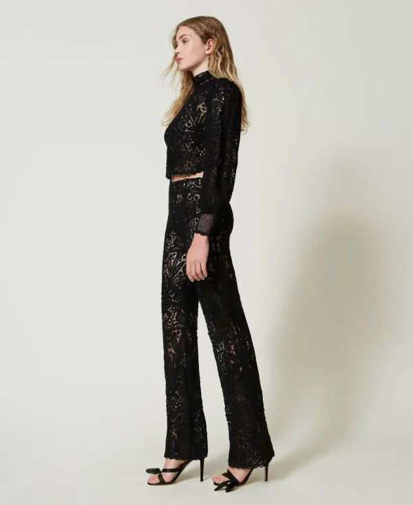 Pantalons Élégants | Pantalons Droits Et Cigarette*TWINSET Milano Pantalon En Maille Florale Au Crochet Noir