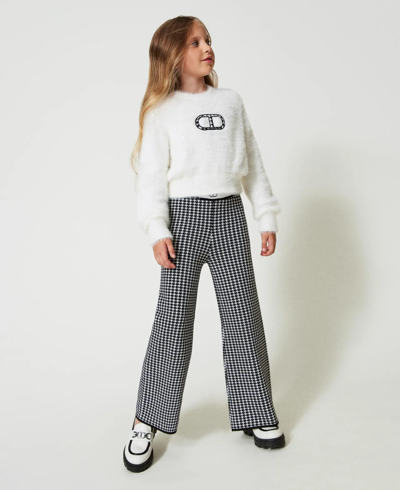 Pantalons Et Jeans*TWINSET Milano Pantalon En Maille Jacquard Pied-de-poule Bicolore Blanc Cassé / Noir