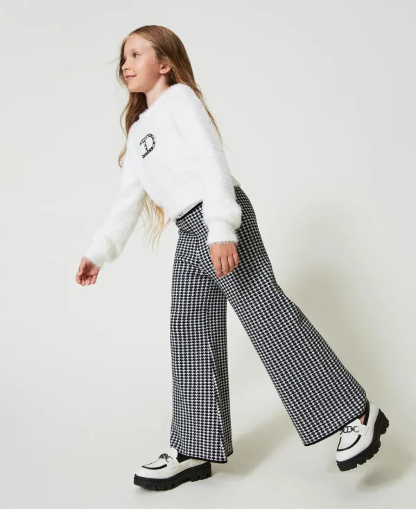 Pantalons Et Jeans*TWINSET Milano Pantalon En Maille Jacquard Pied-de-poule Bicolore Blanc Cassé / Noir