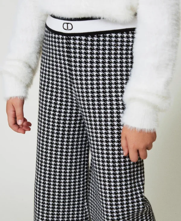 Pantalons Et Jeans*TWINSET Milano Pantalon En Maille Jacquard Pied-de-poule Bicolore Blanc Cassé / Noir