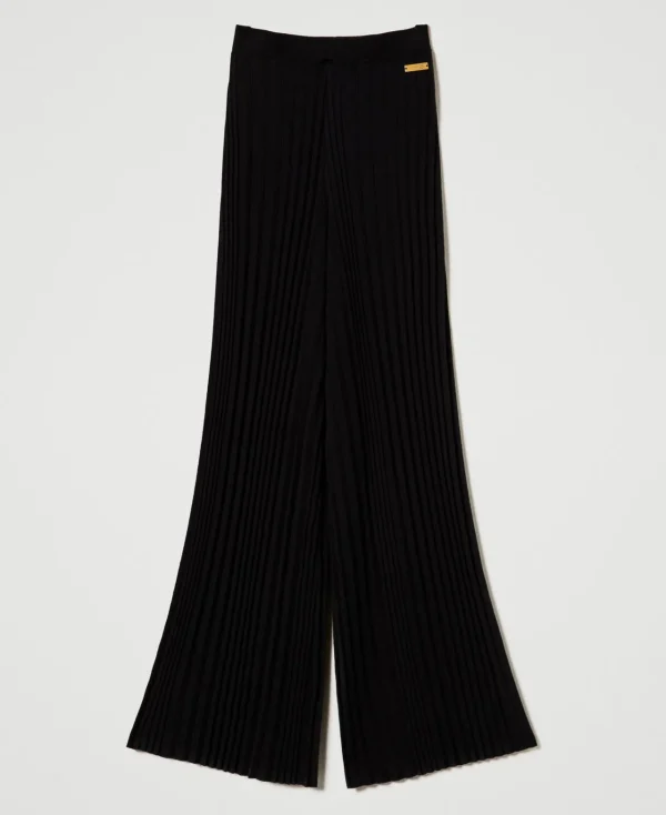 pantalon_en_maille_plisse_1.webp Pantalons Larges Et Palazzo*TWINSET Milano Pantalon En Maille Plissée Noir