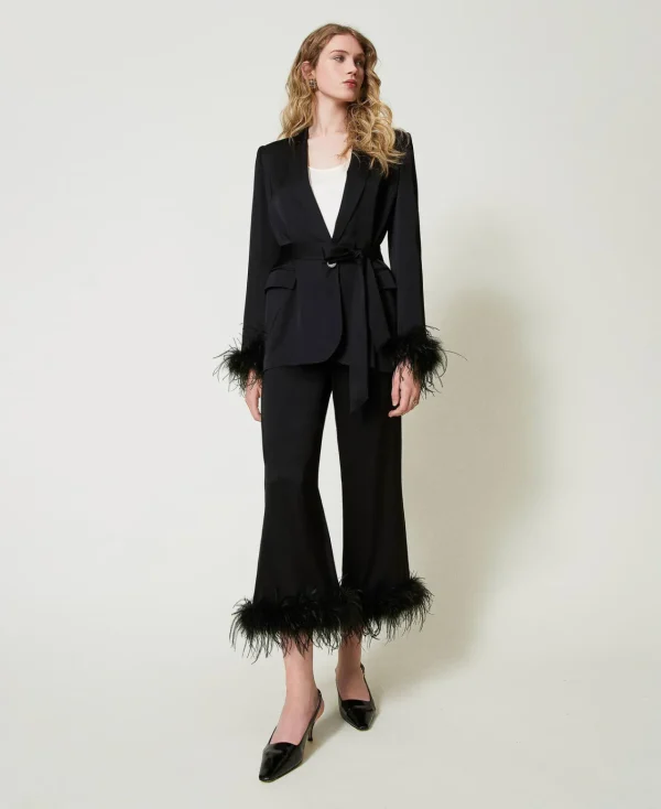 Pantalons Élégants | Pantalons Droits Et Cigarette*TWINSET Milano Pantalon En Satin Avec Plumes Noir