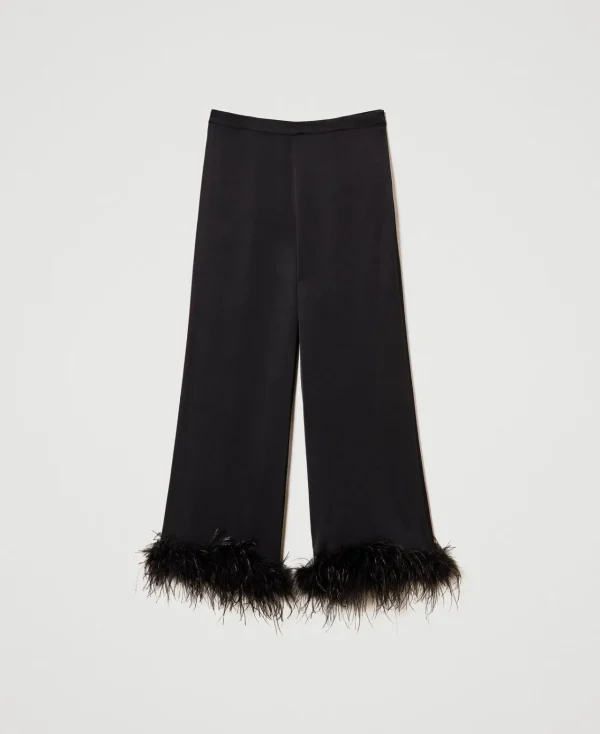 Pantalons Élégants | Pantalons Droits Et Cigarette*TWINSET Milano Pantalon En Satin Avec Plumes Noir