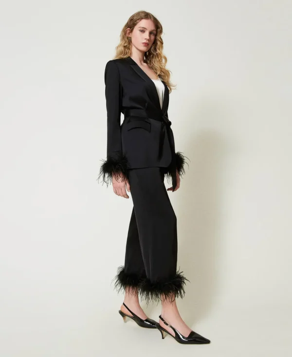 Pantalons Élégants | Pantalons Droits Et Cigarette*TWINSET Milano Pantalon En Satin Avec Plumes Noir