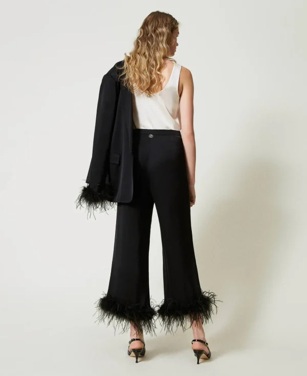Pantalons Élégants | Pantalons Droits Et Cigarette*TWINSET Milano Pantalon En Satin Avec Plumes Noir
