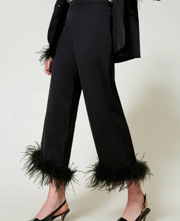 Pantalons Élégants | Pantalons Droits Et Cigarette*TWINSET Milano Pantalon En Satin Avec Plumes Noir