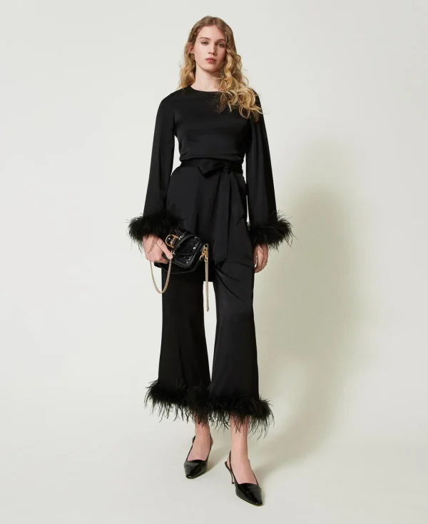Pantalons Élégants | Pantalons Droits Et Cigarette*TWINSET Milano Pantalon En Satin Avec Plumes Noir