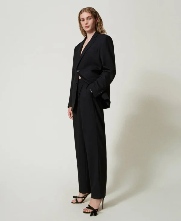 Pantalons Élégants | Pantalons Droits Et Cigarette*TWINSET Milano Pantalon En Sergé De Laine Mélangée Noir