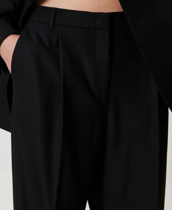 Pantalons Élégants | Pantalons Droits Et Cigarette*TWINSET Milano Pantalon En Sergé De Laine Mélangée Noir