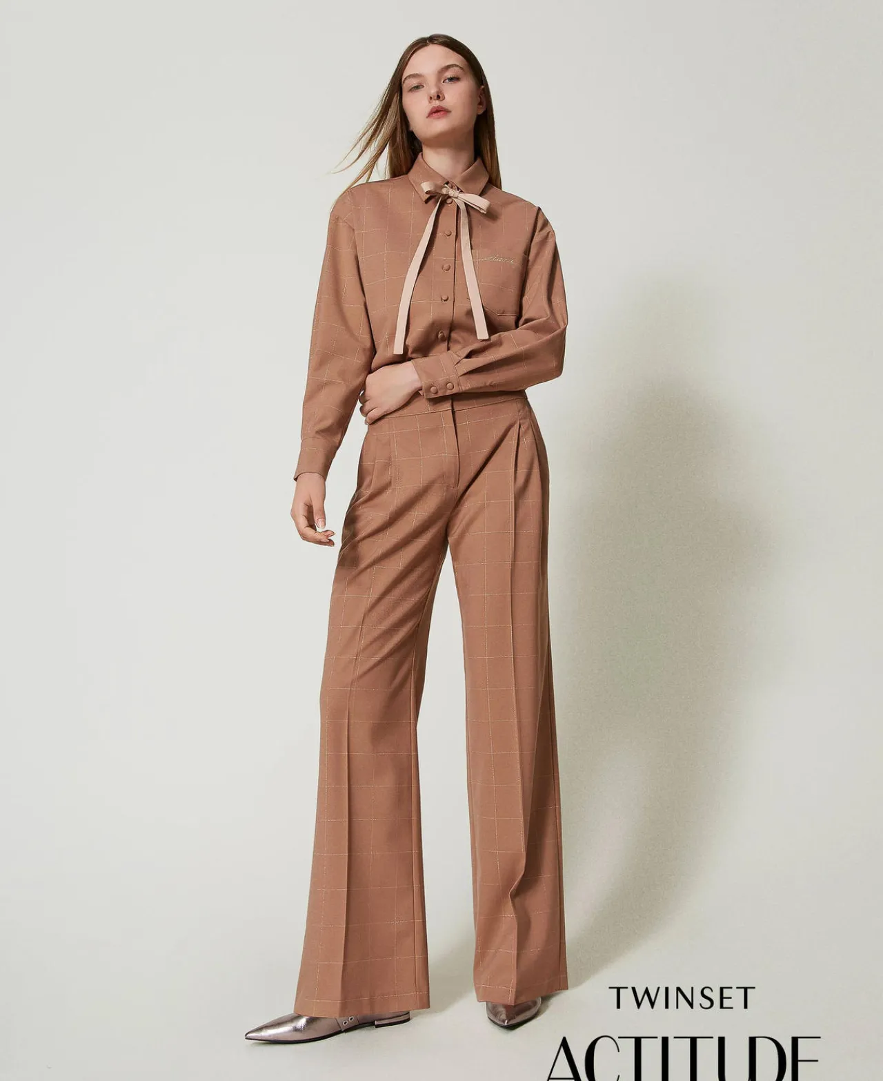 Pantalons Larges Et Palazzo*TWINSET Milano Pantalon Palazzo à Carreaux Avec Lurex Marron « Beaver »