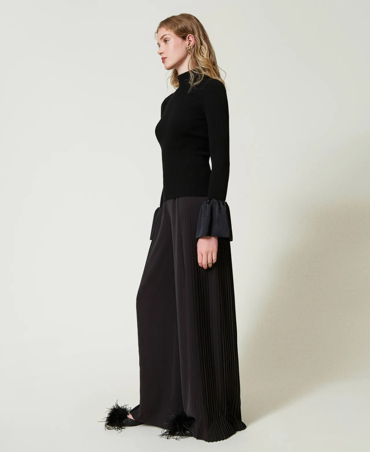 Pantalons Élégants | Pantalons Larges Et Palazzo*TWINSET Milano Pantalon Palazzo En Crêpe Georgette Plissé Noir