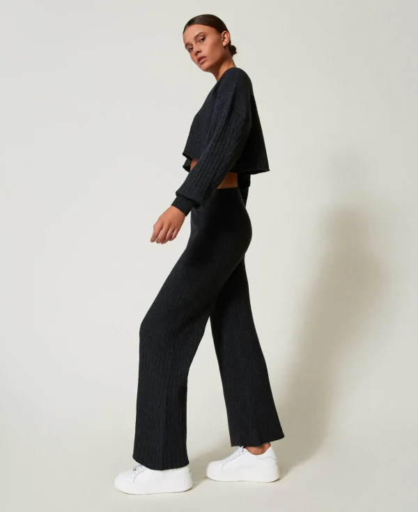 Pantalons Larges Et Palazzo*TWINSET Milano Pantalon Palazzo En Maille De Laine Mélangée Gris Anthracite Chiné
