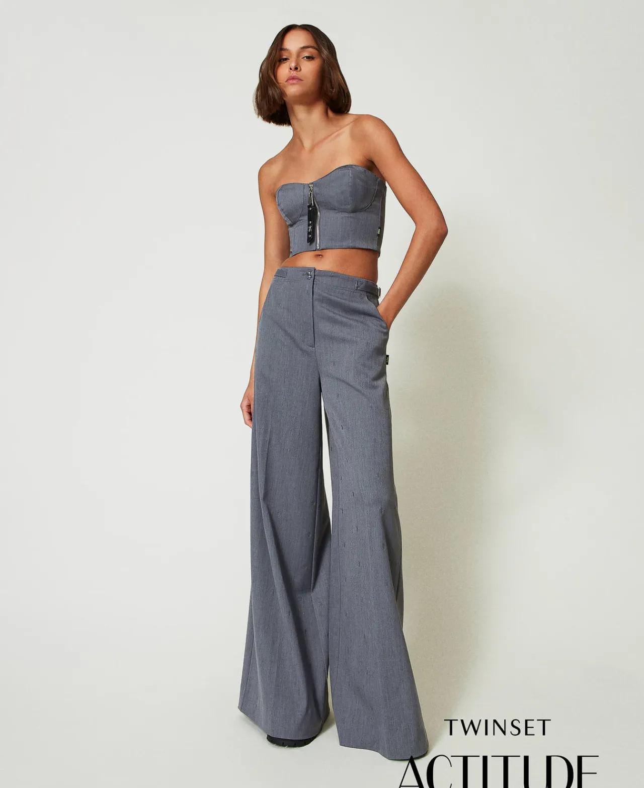 Pantalons Larges Et Palazzo*TWINSET Milano Pantalon Palazzo MYFO Avec Broderie Gris Moyen Mélangé