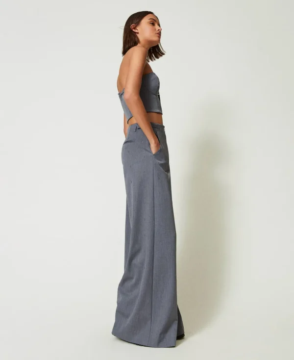 Pantalons Larges Et Palazzo*TWINSET Milano Pantalon Palazzo MYFO Avec Broderie Gris Moyen Mélangé