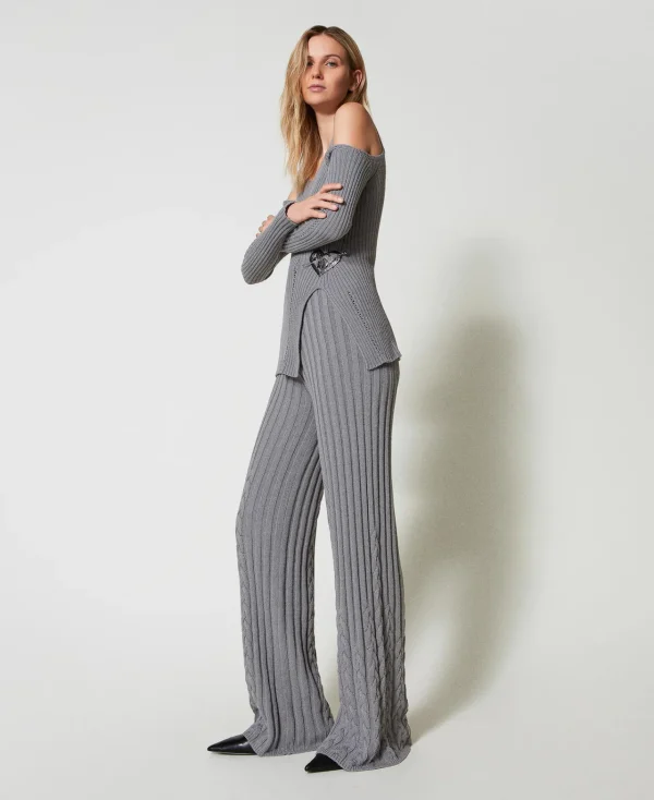 Pantalons Évasés*TWINSET Milano Pantalon évasé En Fil Treeblend Avec Torsades Gris Fumée Clair