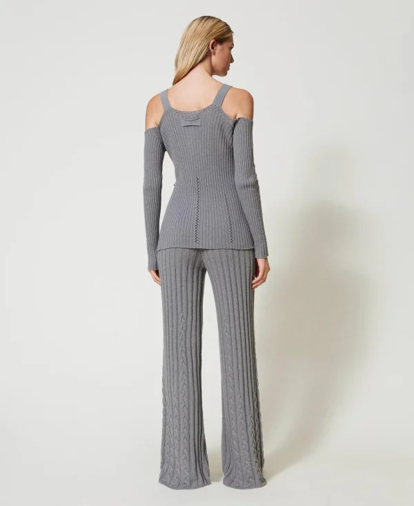 Pantalons Évasés*TWINSET Milano Pantalon évasé En Fil Treeblend Avec Torsades Gris Fumée Clair