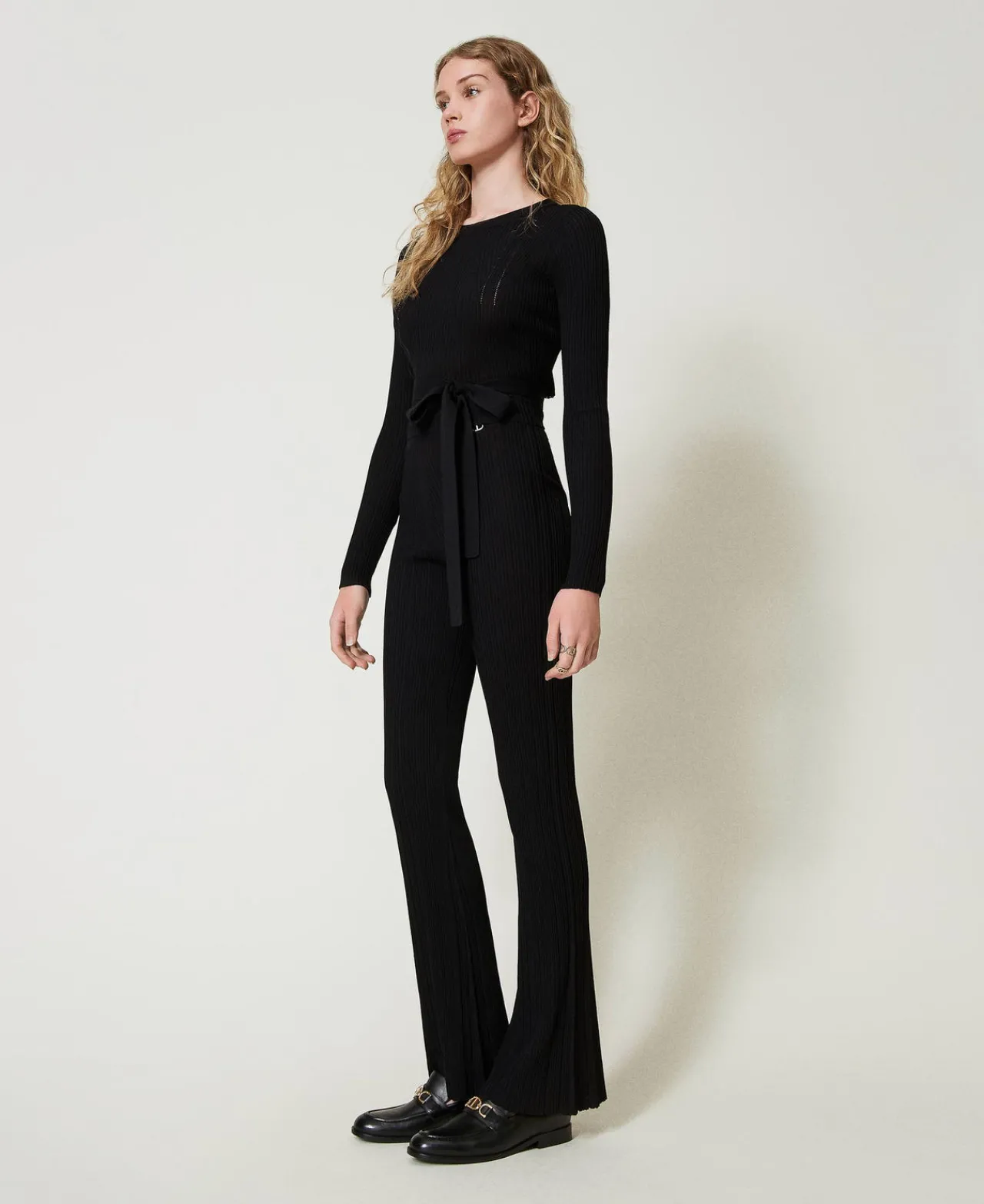 pantalon_vas_en_maille_ct_0.webp Pantalons Évasés*TWINSET Milano Pantalon évasé En Maille Côtelée Noir