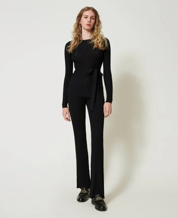 pantalon_vas_en_maille_ct_2.webp Pantalons Évasés*TWINSET Milano Pantalon évasé En Maille Côtelée Noir