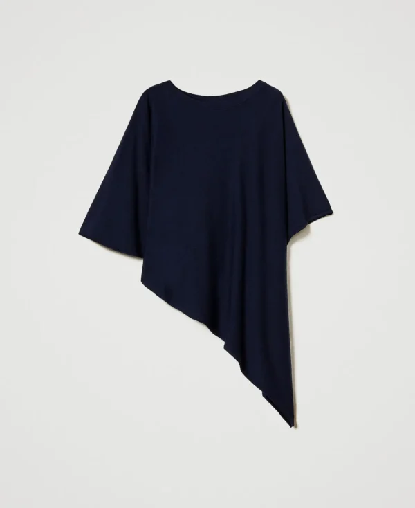 poncho_asymtrique_en_mail_1.webp Ponchos*TWINSET Milano Poncho Asymétrique En Maille Bleu Blackout