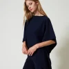 poncho_asymtrique_en_mail_2.webp Ponchos*TWINSET Milano Poncho Asymétrique En Maille Bleu Blackout