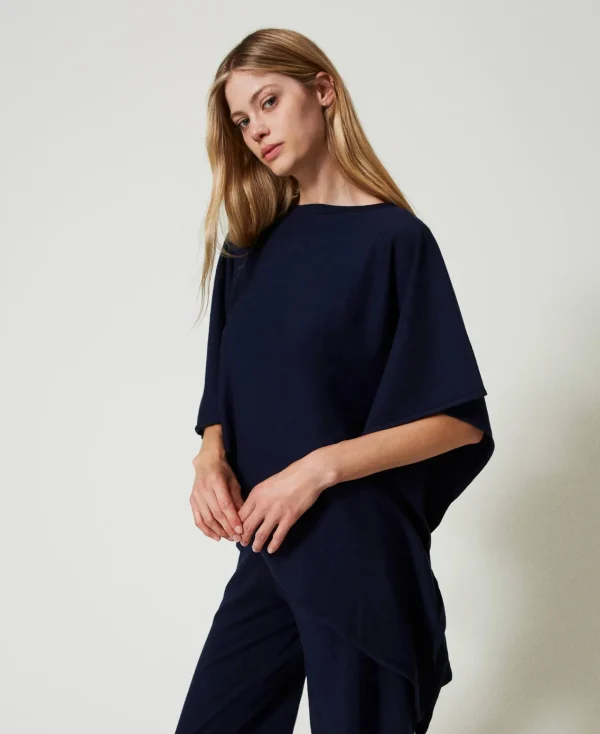 poncho_asymtrique_en_mail_2.webp Ponchos*TWINSET Milano Poncho Asymétrique En Maille Bleu Blackout