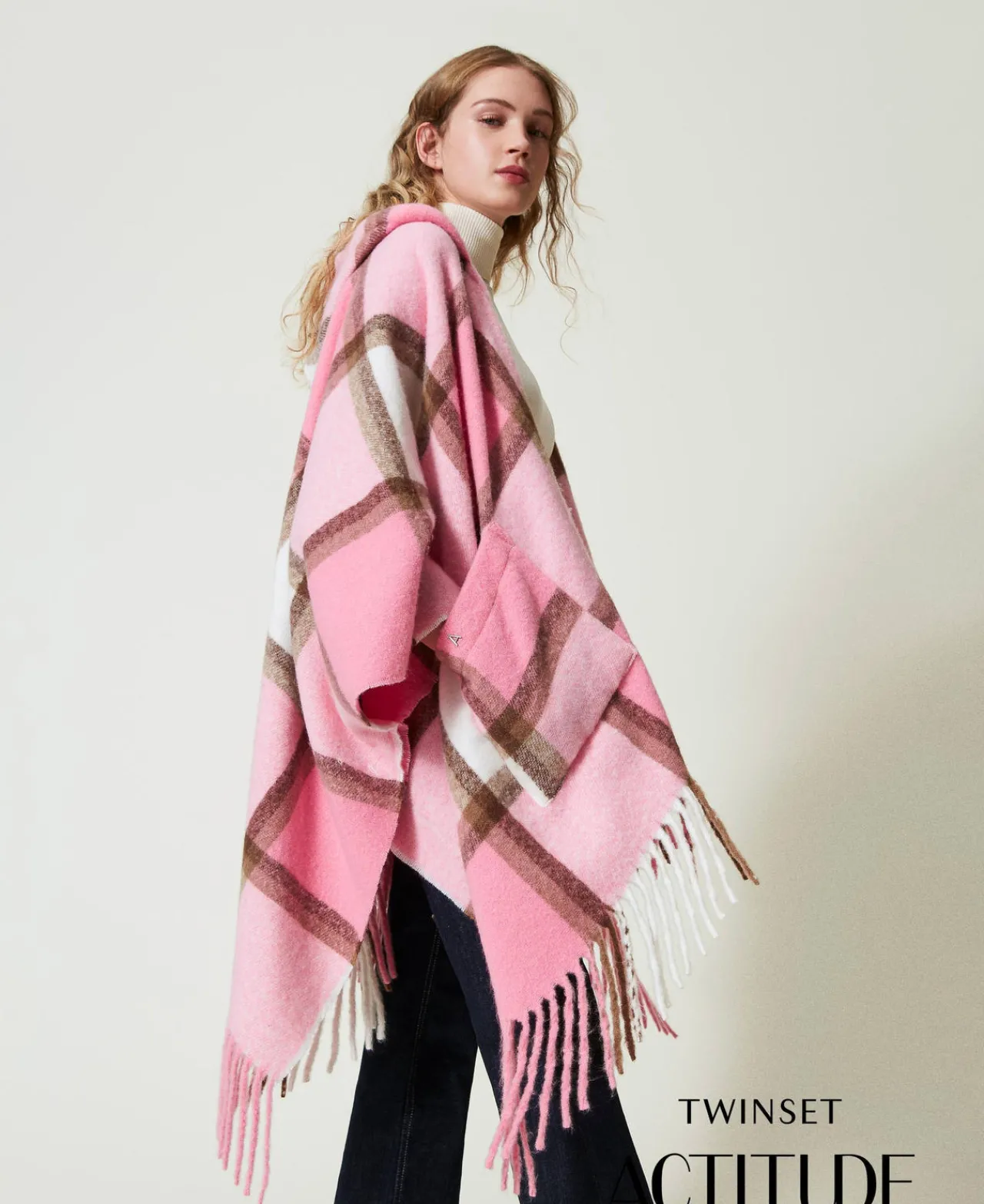 Ponchos*TWINSET Milano Poncho En Drap Avec Franges Multicolore Carreau Rose « Crystal Pink »
