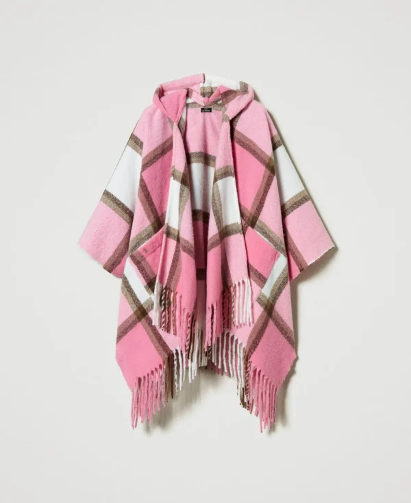 poncho_en_drap_avec_frang_1.webp Ponchos*TWINSET Milano Poncho En Drap Avec Franges Multicolore Carreau Rose « Crystal Pink »