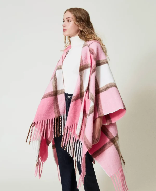 poncho_en_drap_avec_frang_2.webp Ponchos*TWINSET Milano Poncho En Drap Avec Franges Multicolore Carreau Rose « Crystal Pink »