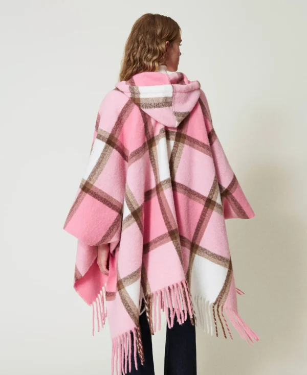 poncho_en_drap_avec_frang_3.webp Ponchos*TWINSET Milano Poncho En Drap Avec Franges Multicolore Carreau Rose « Crystal Pink »