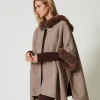 Ponchos*TWINSET Milano Poncho En Drap Et Fausse Fourrure Chocolate Malt