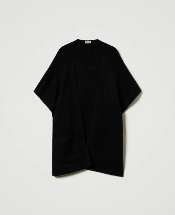 poncho_en_maille_avec_bro_1.webp Ponchos*TWINSET Milano Poncho En Maille Avec Broderie Siglée Noir