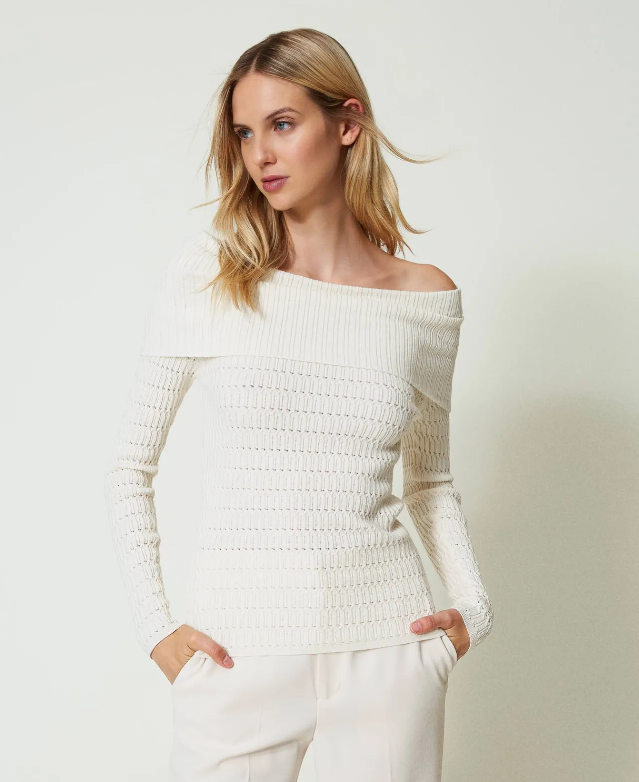 Pulls Et Cardigans*TWINSET Milano Pull Ajusté Avec épaules Dénudées Nacre